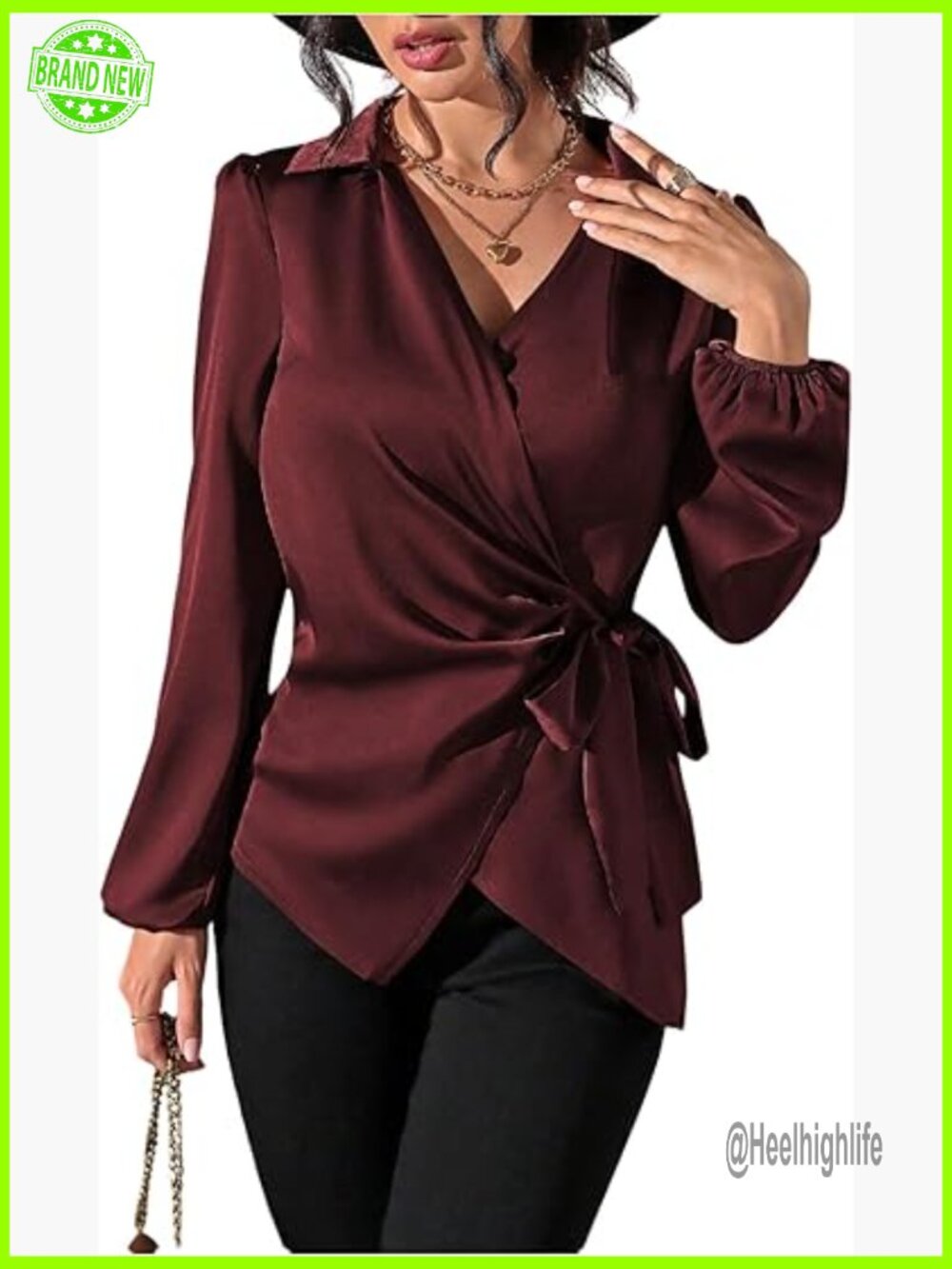 Wrap Satin Blouse Tie Knot Bishop Long Sleeve Elegant Work Top